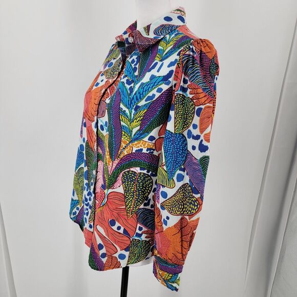 Dress Nado Blouse Women's Small Button Up Colorful Tropical Print Puff Shoulder - Picture 4 of 10